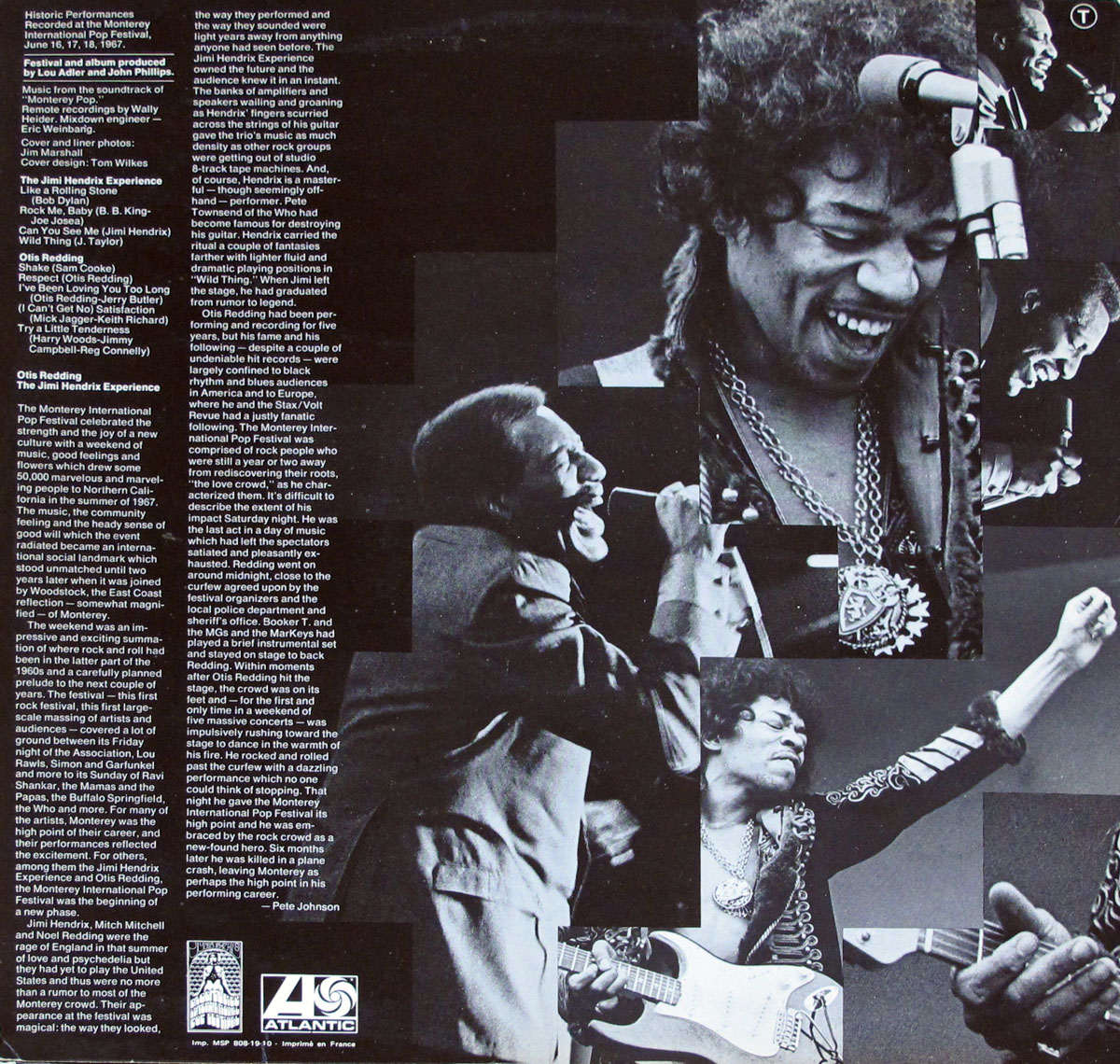 A black-and-white collage of Otis Redding and Jimi Hendrix from their legendary performances at the Monterey International Pop Festival in 1967. The image features dynamic shots of Hendrix smiling, playing his guitar, and raising his arm in an electrifying pose. Otis Redding is seen singing passionately into the microphone, capturing the intensity and soul of his performance. The background contains text detailing the festival and its significance. The composition reflects the raw energy and emotion of these two groundbreaking artists, making it a timeless tribute to their impact on rock and soul music.